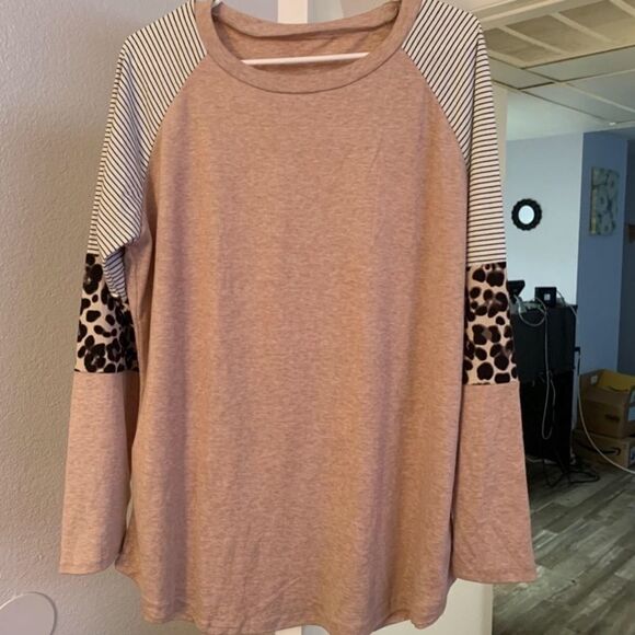 Boho Long Sleeve Leopard Color Block Tunic Shirt Top - Picture 6 of 7